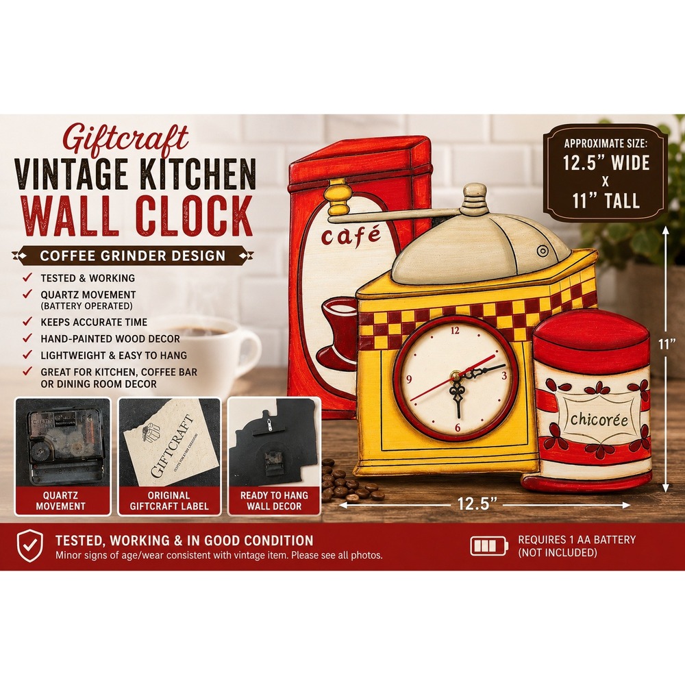 Giftcraft Vintage Kitchen Wall Clock Coffee Grinder Cafe Wood Hand Painted Red